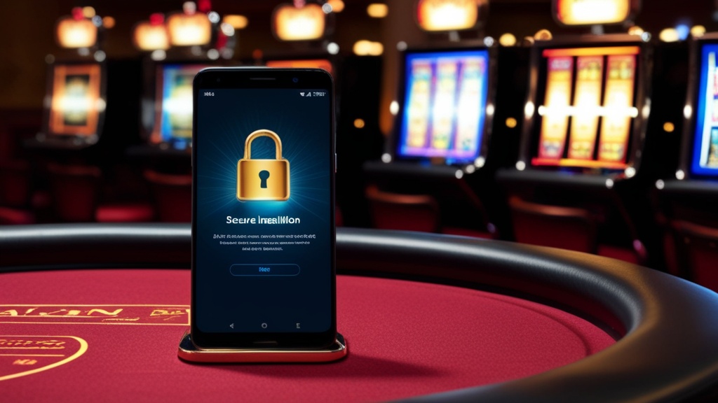 Androidtelefoon met veilige APK-installatie in een donkere casinoruimte