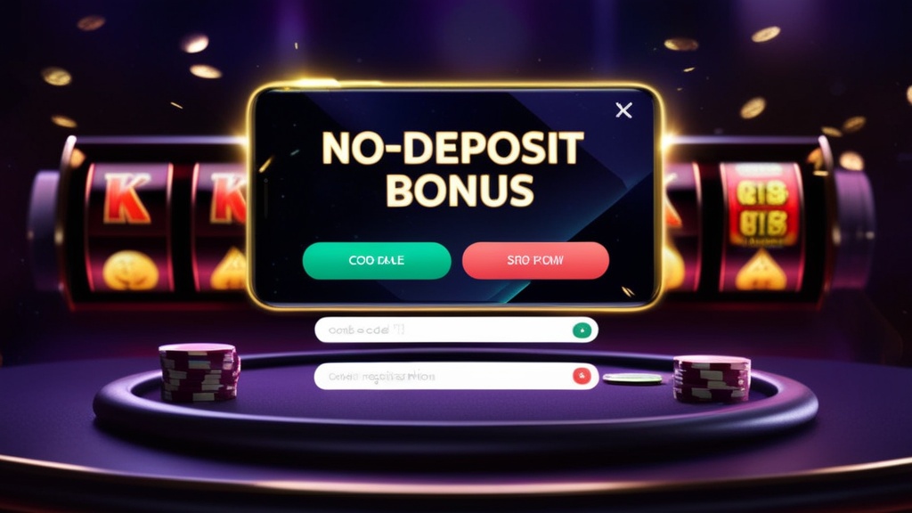 Donkere casinoscène met no-deposit bonus en codeveld op een scherm